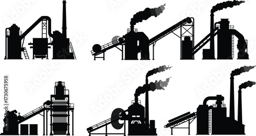 PrintIndustrial factory plant silhouettes vector illustration, manufacturing buildings icons, smoke pollution design, energy production industry, black silhouette structures,
