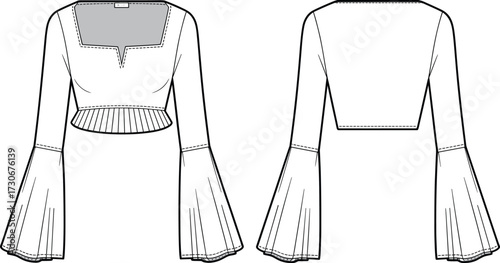 Women’s bohemian flared sleeve crop top fashion flat template, trendy v neckline pleated waist cad drawing flat vector illustration