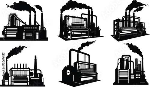 PrintIndustrial factory silhouette vector illustration, manufacturing plant buildings, smoke pollution industry design, black silhouette structures, energy production icons, environmental impact 