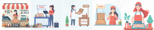 vector woman selling pizza