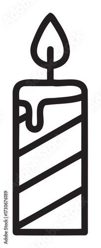 Black and white outline of a striped candle with flame - stock vector