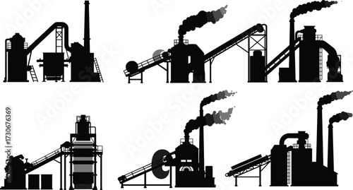PrintIndustrial factory silhouettes vector illustration, manufacturing plant buildings, smoke pollution industry icons, energy production structures, black silhouette design elements, environmental