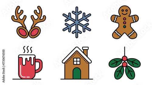 Vector art of christmas decorative elements set of cute icons of reindeer antlers, snowflake, gingerbread, mug, house, and mistletoe