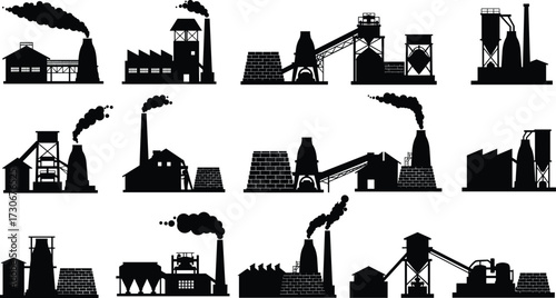 PrintIndustrial factory silhouettes vector illustration, manufacturing plant, smoke chimney, steel production, heavy industry, refinery building, energy facility, black design icons, pollution