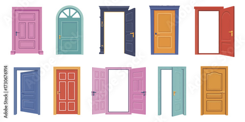 Open and Closed Door Collection Featuring Cartoon Entrance and Exit Designs with Handles and Frames for Home Exterior Architecture in Vector Set Illustration Concept