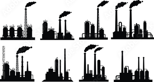 PrintIndustrial factory silhouettes, refinery chimneys, smoke pollution, energy production, heavy industry, environmental impact, manufacturing plants, oil refinery, power station, air pollution