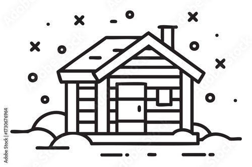 Simple winter cabin drawing with snowflakes in minimalist style - stock vector