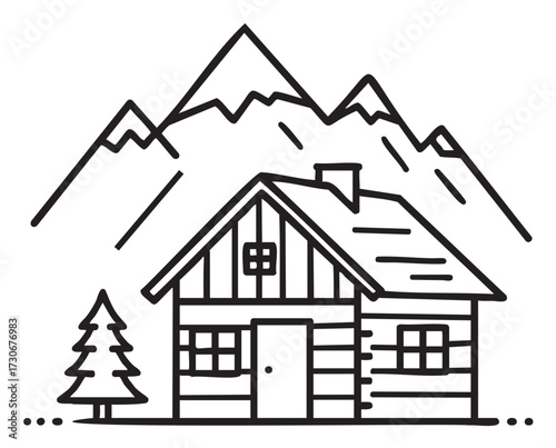 Cozy cabin in mountain landscape with pine tree illustration - stock vector