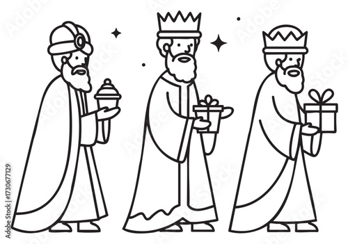 Three wise men bearing gifts in black and white illustration - stock vector