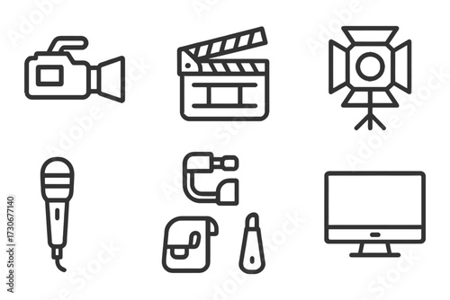 A camera, microphone, and other equipment are shown in a black and white design. The camera is the most prominent item, with the microphone. vector