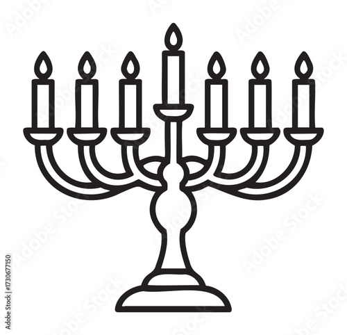 Black and white line art of menorah with seven lit candles on stand - stock vector