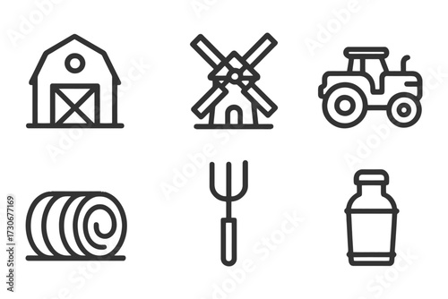 A farm scene with a barn, windmill, tractor, and other farm tools. Concept of rural life and agriculture. vector
