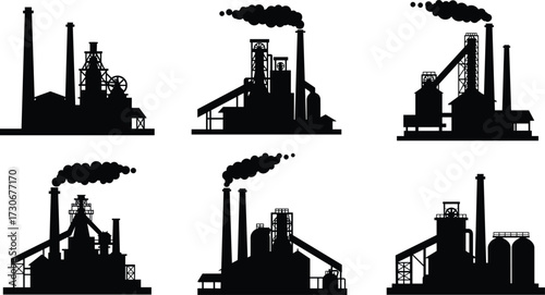 PrintIndustrial factory silhouettes, steel plant, smoke chimneys, refinery buildings, heavy industry, power generation facility, black vector illustration, manufacturing production, pollution concept