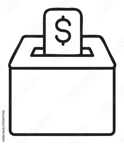 Hand-drawn money donation box with dollar bill insert - stock vector