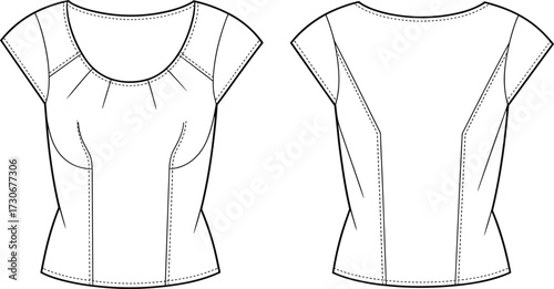 Women’s fitted cap sleeve blouse fashion flat template, stylish scoop neck pleated front cad drawing flat vector illustration for apparel design