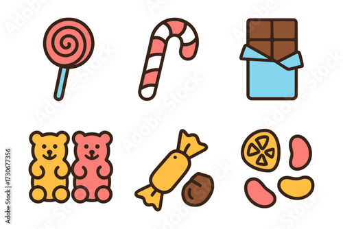 A collection of cartoon food items including candy, lollipops, and teddy bears. Scene is playful and fun. vector