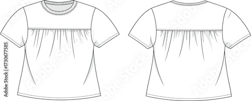 Women’s short sleeve gathered yoke t-shirt top fashion flat template, cad drawing flat vector illustration for apparel technical design