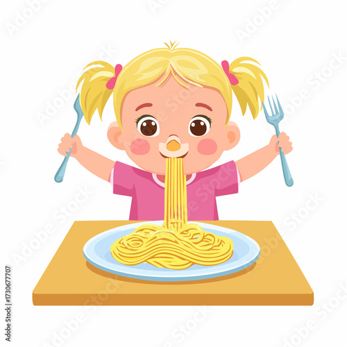 Photography Baby Messily Eating Spaghetti Vector Illustration