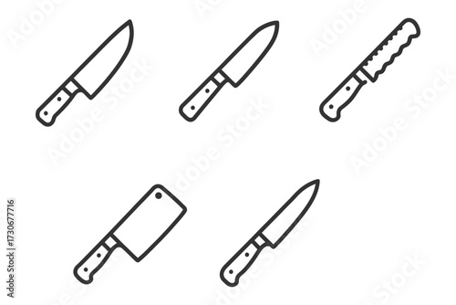 A set of knives are shown in a row, with the first one being a large chef's knife. vector