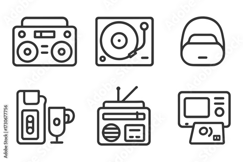 A set of icons for various electronic devices, including a radio, a CD player, a TV, a video game controller, and a headset. vector