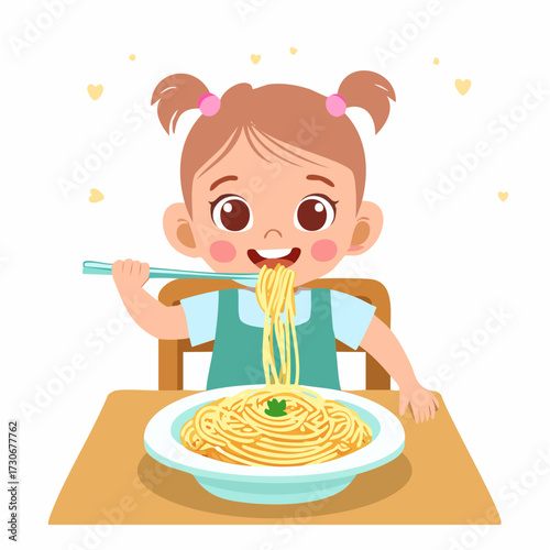 Canvastavla Baby Messily Eating Spaghetti Vector Illustration