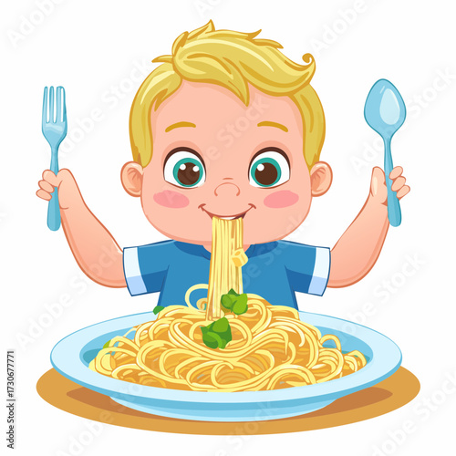 Konstfotografi Baby Messily Eating Spaghetti Vector Illustration