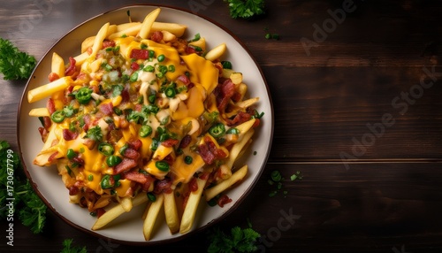 dirty fries topped with mature cheddar monterey jack cheeses jalapeno bacon sauce mozzarella and parsley with a copy space image opportunity