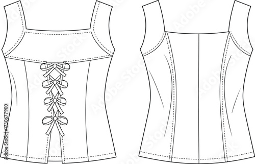 Women’s sleeveless corset tank top with decorative lace up bow front detail fashion technical flat template CAD drawing flat vector illustration