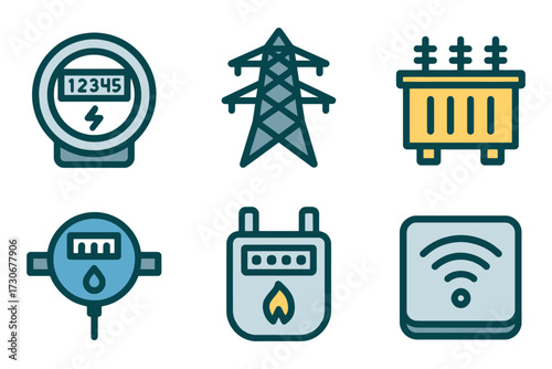 A collection of icons for various electrical devices and equipment. The icons include a water meter, a fire hydrant, a power meter. vector