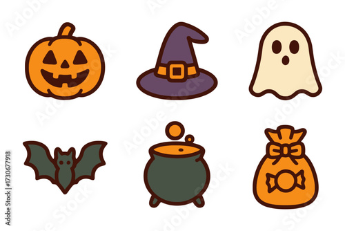 Halloween themed icons with a pumpkin, a bat, a ghost, a witch's hat, a pumpkin lantern, and a bag. vector