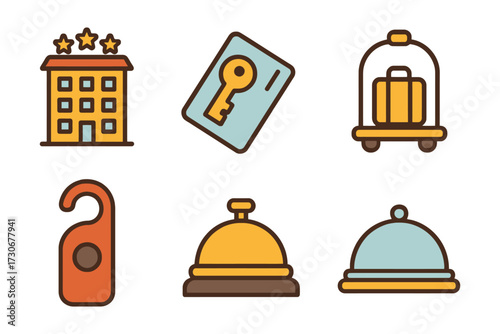 A collection of hotel symbols, such as a key, bell, suitcase, and room key, are displayed in a stylized manner. vector