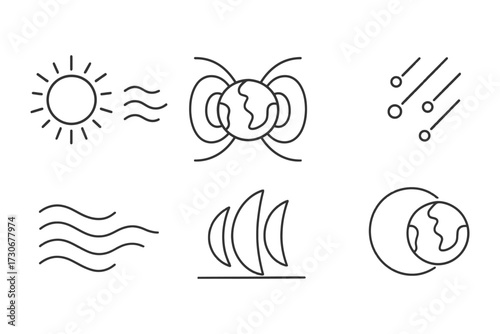 A series of symbols that represent different aspects of the natural world. The symbols include a sun, a moon, a star, a planet, a wave. vector