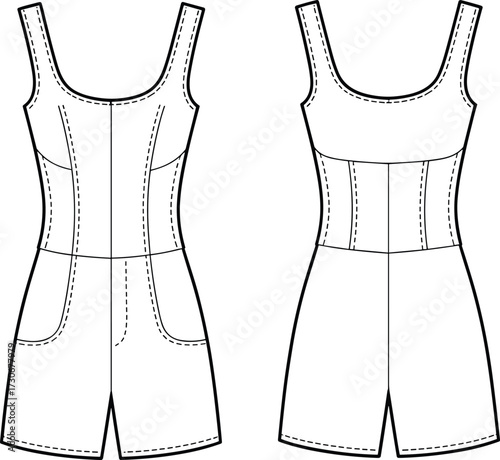 Women’s sleeveless fitted romper with scoop neckline and panel seams front and back CAD drawing flat vector fashion technical illustration