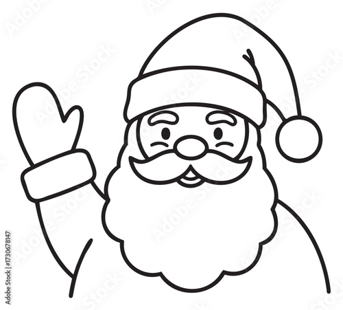 Santa claus cartoon line drawing waving hand wearing hat and beard - stock vector