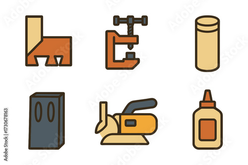 A set of six different tools and objects, including a hammer, a screwdriver, a wrench, a saw, a drill, and a bottle of glue. vector