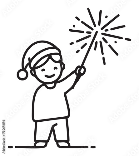 Line art of young caucasian male child celebrating with sparkler - stock vector