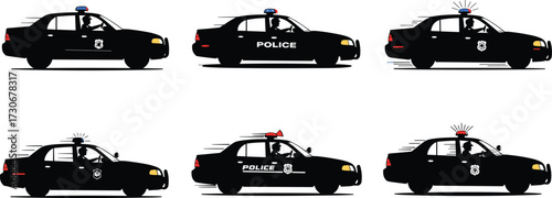 PrintPolice cars in motion with sirens on, patrol vehicles vector illustration, emergency response, law enforcement, silhouette style design