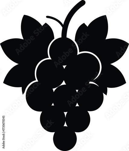 Grapes Silhouette, Bunch of Grapes Vector, Grapes with Leaf Silhouette, Vineyard Grapes Silhouette Icon