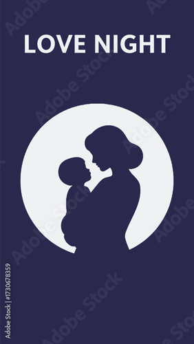 Love Night Beautiful Mother and Baby Silhouette in White Circle on Dark Blue Background Motherhood and Family Bond