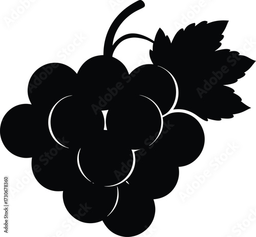 Grapes Silhouette, Bunch of Grapes Vector, Grapes with Leaf Silhouette, Vineyard Grapes Silhouette Icon