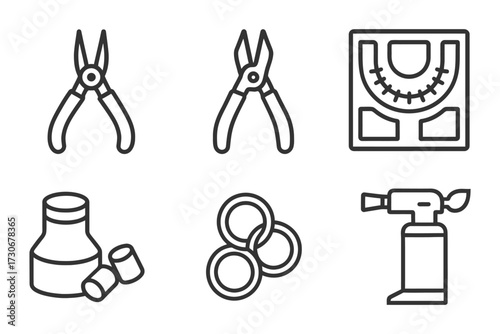 A set of tools for jewelry making. The tools include pliers, wire cutters, and a soldering iron. Vector.