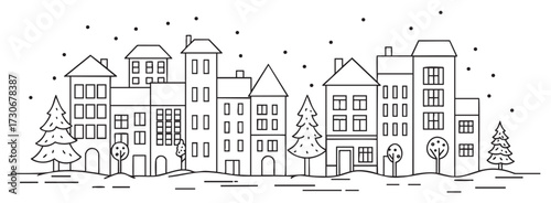 Black and white winter cityscape with snowflakes and trees - stock vector