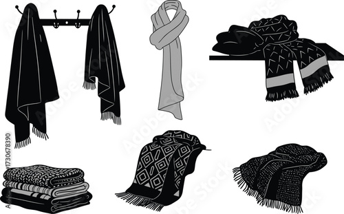 PrintScarves, blankets, folded textiles, cozy winter accessories, warm fabric patterns, fashion decor, home comfort, soft wool, stylish draped cloth, interior design