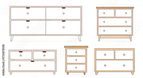 A collection of illustrations showcasing various types of wooden chests and dressers. 
