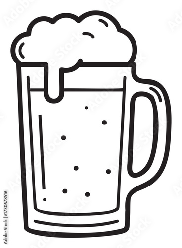 Foamy beer mug clipart: classic black and white line art - stock vector