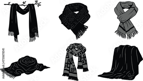 PrintSet of fashionable winter scarf illustrations, cozy knitted shawl designs, warm wool accessories, stylish neckwear collection, soft fabric patterns, clothing elements