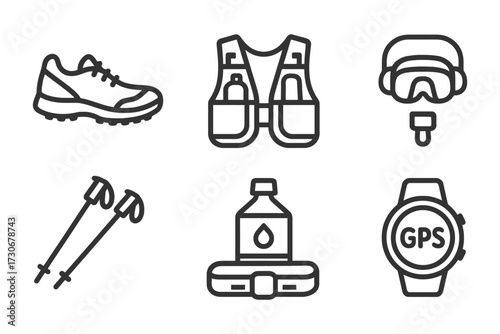 A set of icons for sports and outdoor activities. The icons include a watch, a vest, a backpack, a water bottle, a pair of skis. Vector.