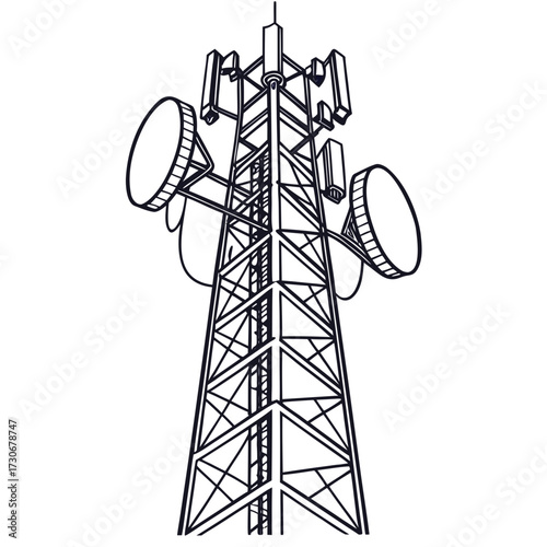 Stylized line art drawing of a tall telecommunications tower with multiple antennas and dishes against a white background