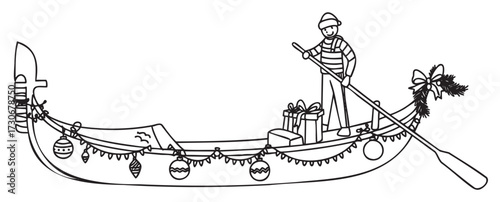 Gondola decorated for christmas with caucasian male gondolier in winter attire - stock vector