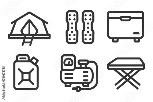 A series of icons for camping and outdoor activities. The icons include a tent, a cooler, a table, a chair, a ladder, and a gas can. Vector.